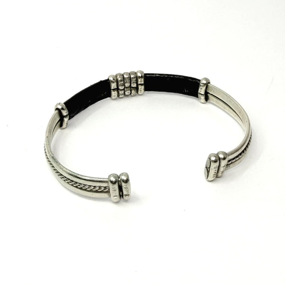 Sterling Silver Black Leather Cuff Bracelet Mixed Media Twisted Rope Detail